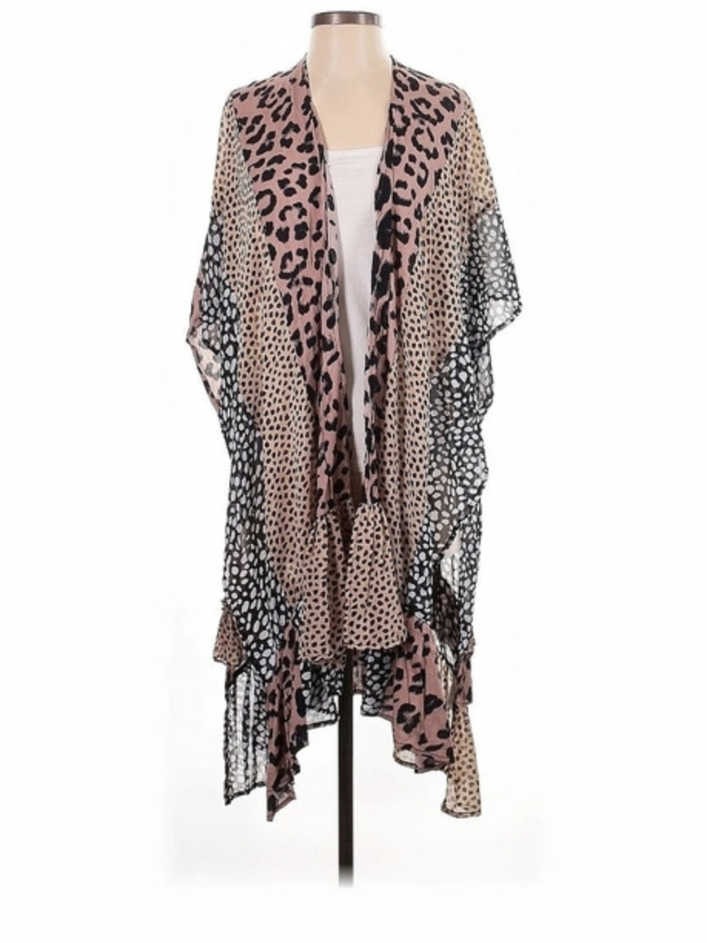 Umgee Mixed Leopard Print Ruffle Kimono Duster Swim Cover Up Small
